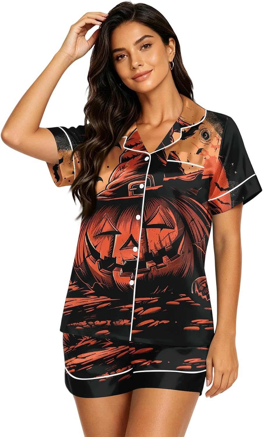 Women Short Sleeve Halloween Pajama Set Sleep Shorts, Soft Fall Outfits with Ghost Bat Spider Pumpkin Skeleton Prints
