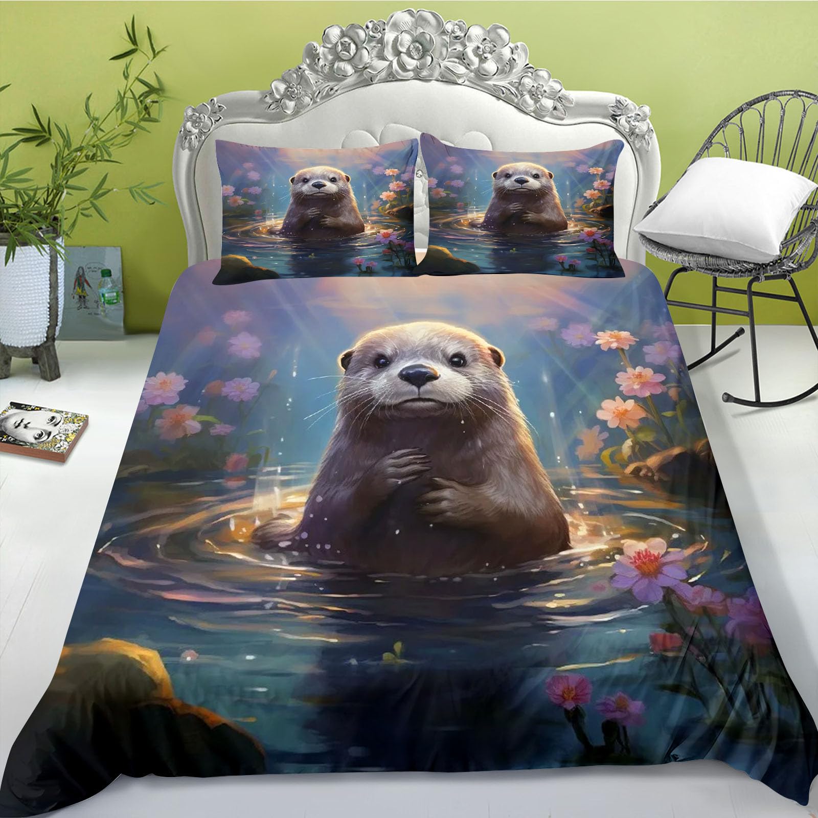 Fabtop 9 Otter Bed Linen 135 X 200 Cm, Cute Otter Duvet Cover For Children, Soft Microfibre Sea Otter Bedding Set, 3D Print Ottertier Bed Linen (.135 X 200 Cm)