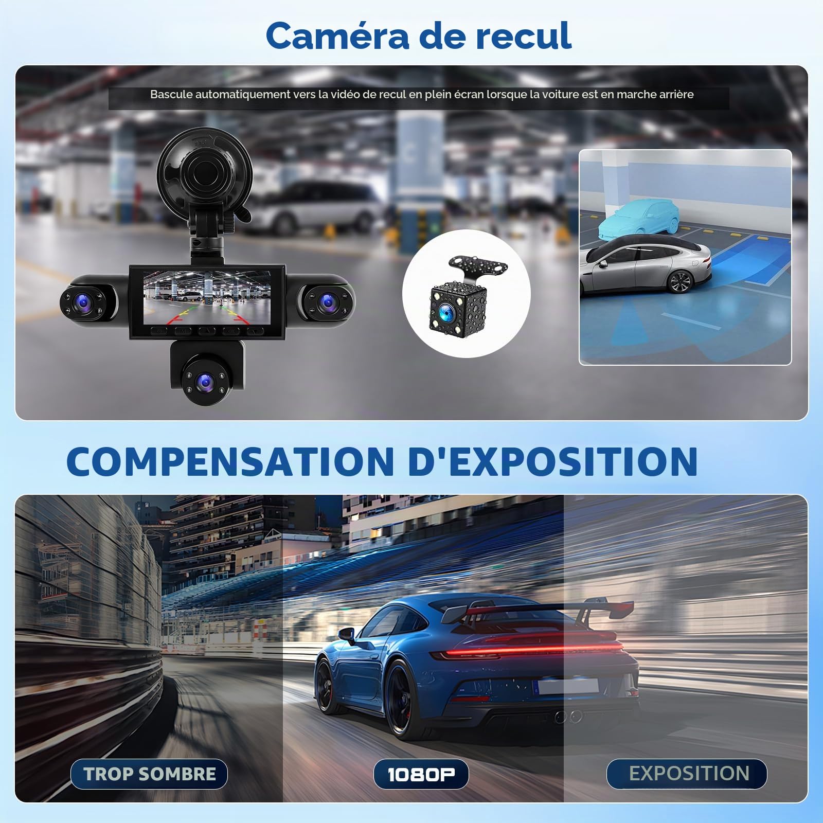CAMECHO 5 Canaux Vision Nocturne Dashcam 1080P Rotation à 360° Caméra Voiture Embarquée Avant et arrière, 3,16'' Dashcam Mode Parking, Aide au Recul, Enregistrement en Boucle, Détection de Mouvement