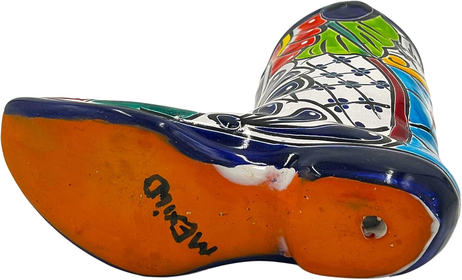 Cactus Canyon Ceramics Cowboy Boot Mexican Talavera Planter Pot (9.5" D x 4" W x 11" H) Hand Painted - Dark Blue Trim - Mexican Home Decor