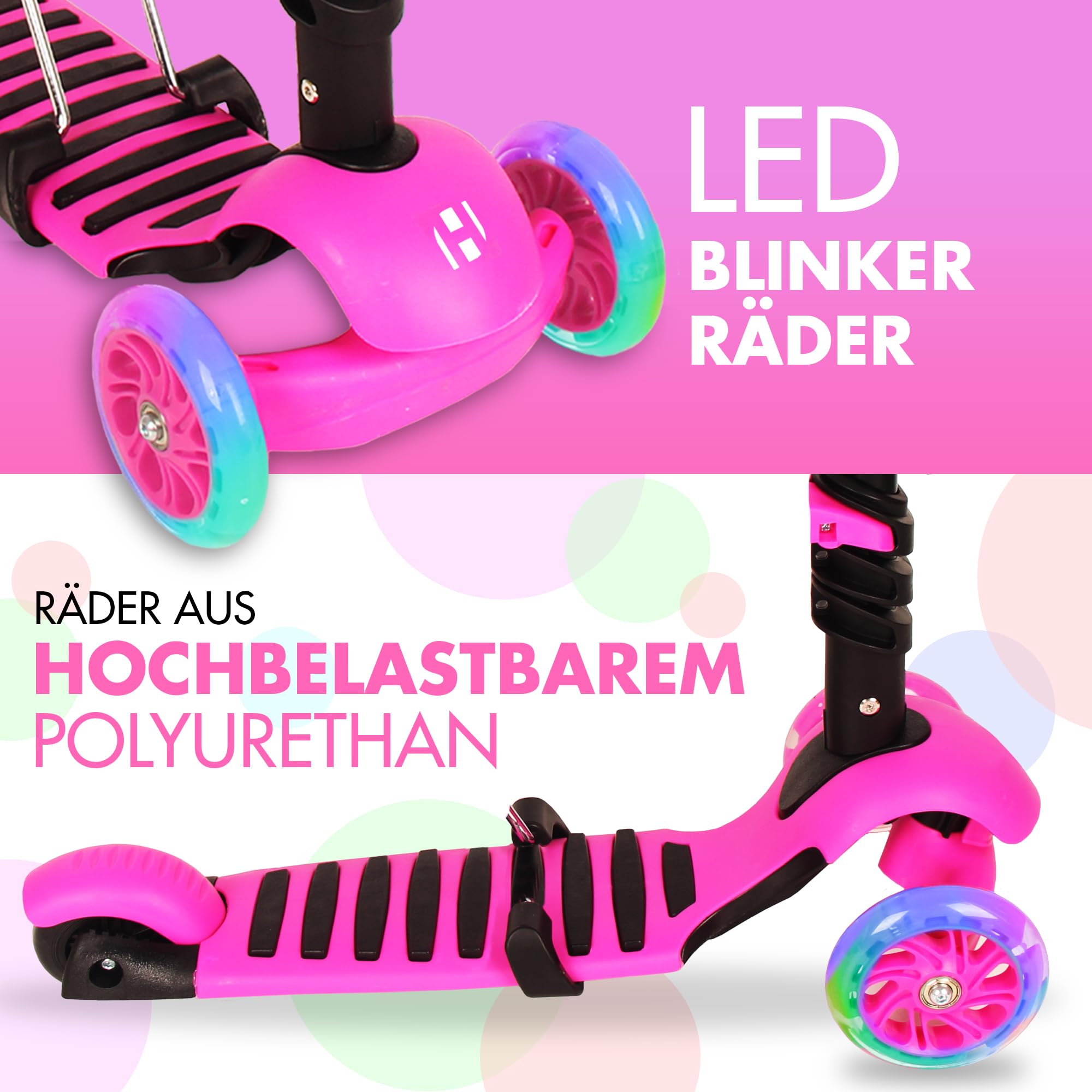 Habib Gruppe Patinete infantil 3 en 1 para niños y niñas, asiento extraíble, ruedas LED, manillar de altura ajustable, patinete para niños de 2 a 8 años