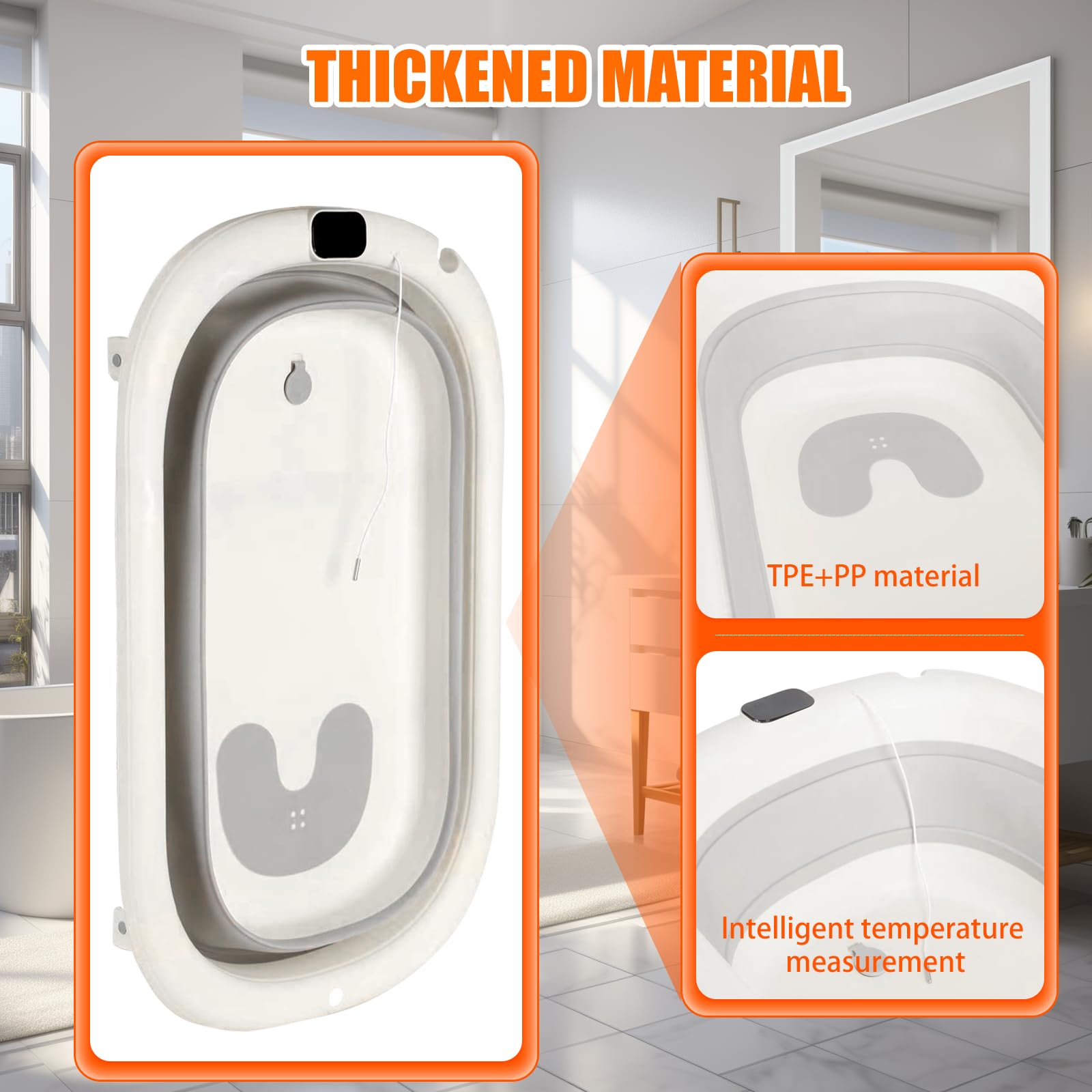 Baby Badewanne Faltbar mit Thermometer & Rutschfestem Badekissen – Tragbare Babybadewanne Ergonomisch, Platzsparend & Sicher – Für Neugeborene bis 3 Jahre, Baby Bathtub-WX44701