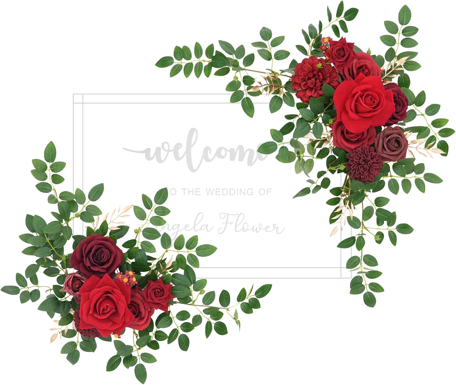 2pcs Burgundy & Red Deluxe Welcome Sign Artificial Flowers Wedding Backdrop Garland Hanging Floral Arrangements for Ceremony Reception Entryway Board Sweetheart Table