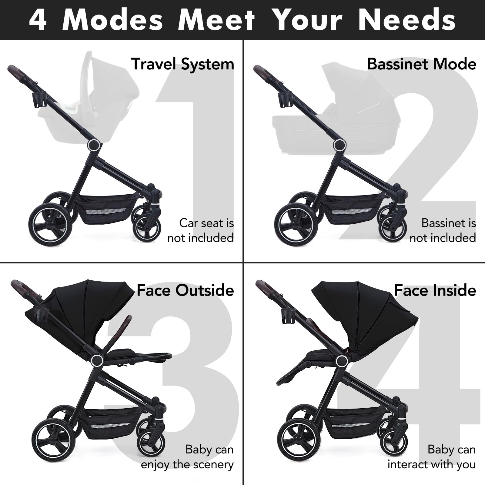 Poussette Bébé Multifonction Pliante, Capote Solaire XXL, Grand Panier, Dossier Inclinable, Roues Tout-Terrain, Pour Enfant Jusqu'à 22 kg, Idéale Voyage & Quotidien (Noir)