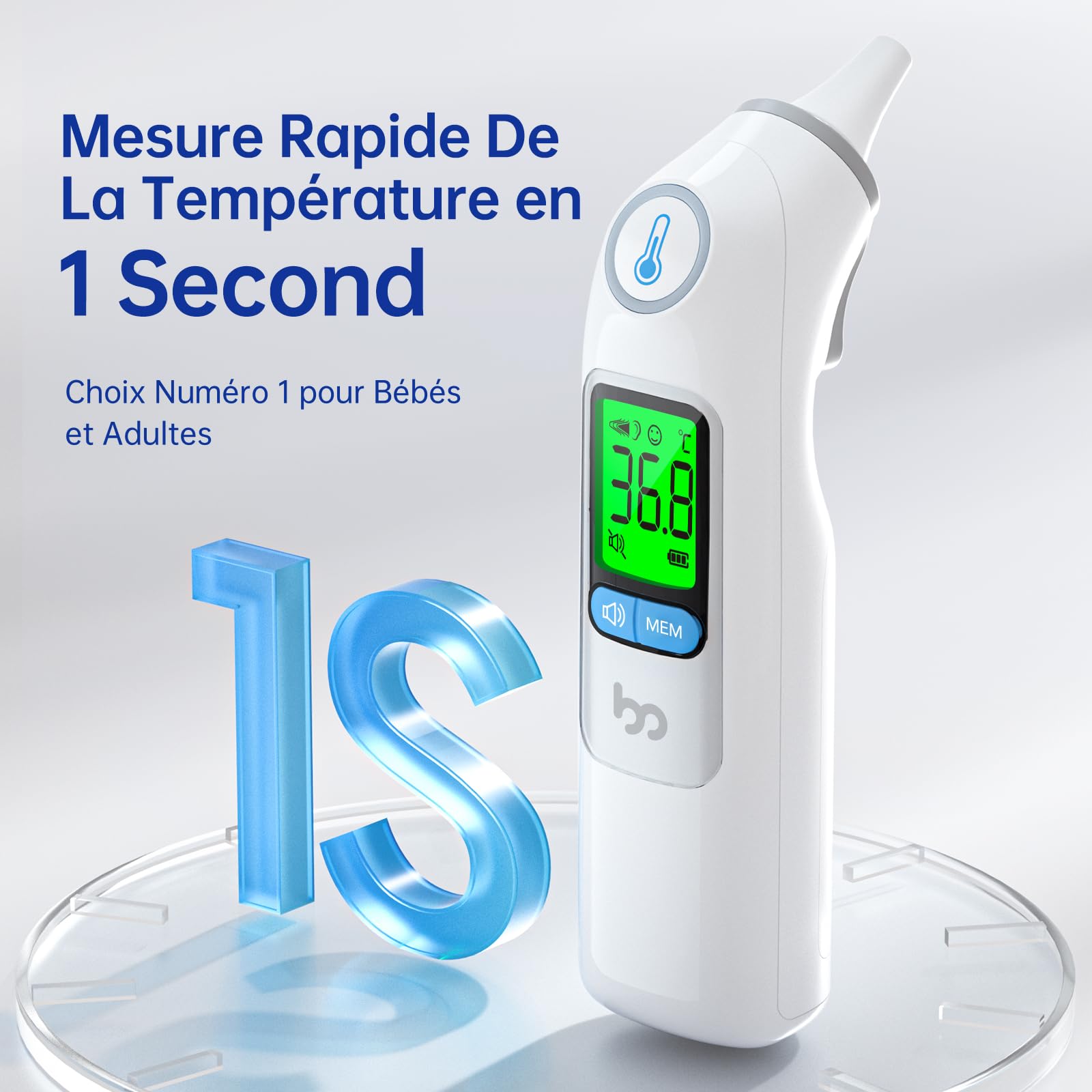 Thermomètre Auriculaire, Précision Professionnelle, Code d'alerte Fièvre à 3 couleurs, Mode Silencieux, Stockage des Lectures, avec 24 Couvre-Sondes Jetables Thermomètre pour Adultes et Bébés