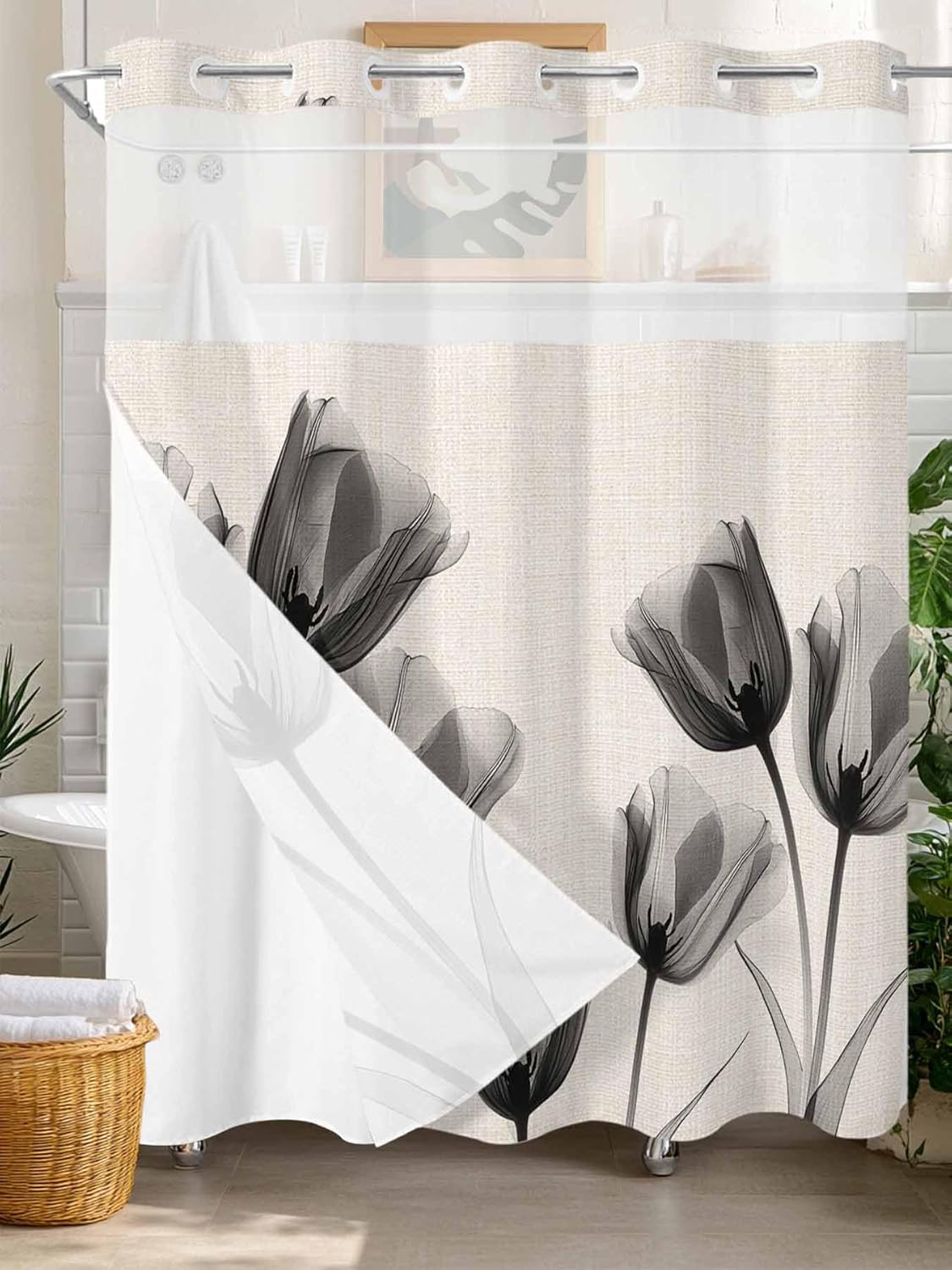 Black Tulip No Hook Shower Curtain and Liner Set Minimalist Modern Flower Art Linen Background Snap in Shower Curtains Waterproof Bath Curtain with See Through Top Window Hotel Liner Set 66" x 72"