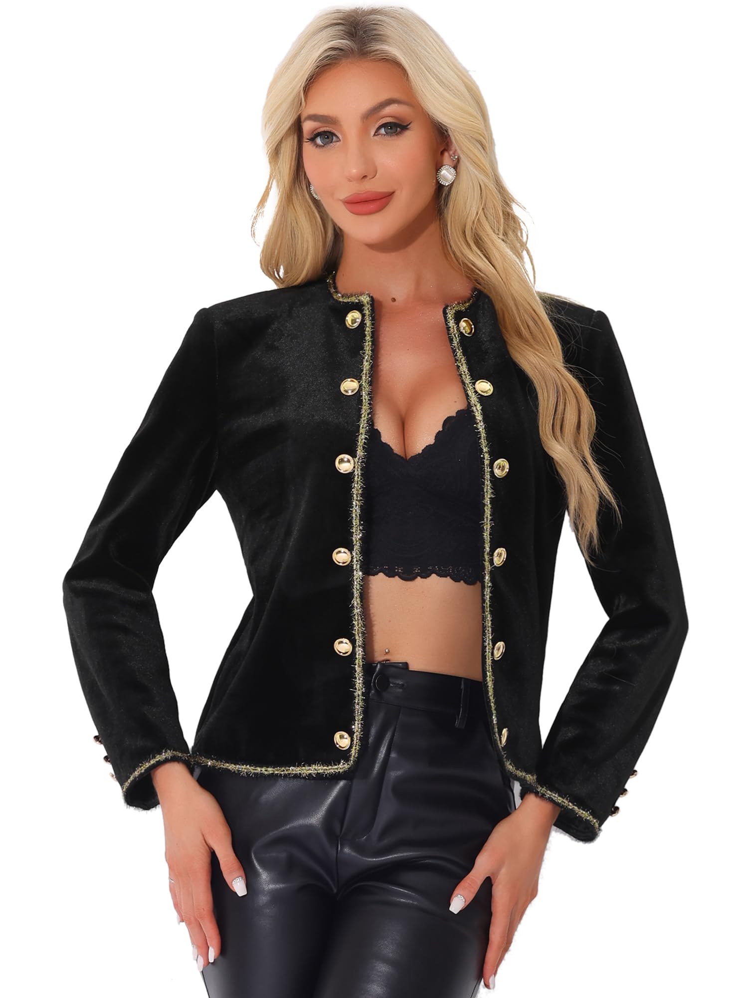 Allegra K Collarless Jacket for Womens Vintage Double Breasted Velvet Open Front Short Blazer