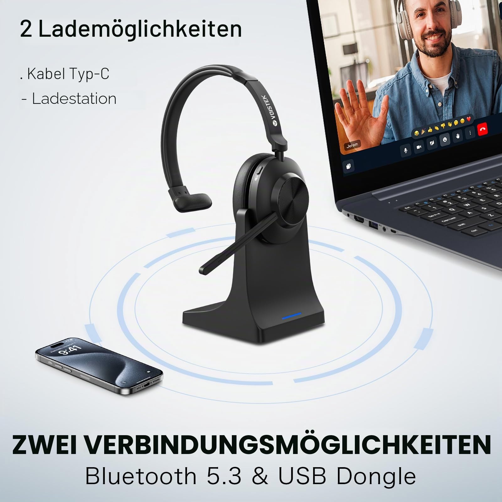 Voistek On-Ear Wireless Headset mit Bluetooth & USB-Dongle – 50 Std. Akkulaufzeit, Geräuschunterdrückendes Mikrofon für klares Telefonieren – Ideal für Home Office, Büro & Callcenter