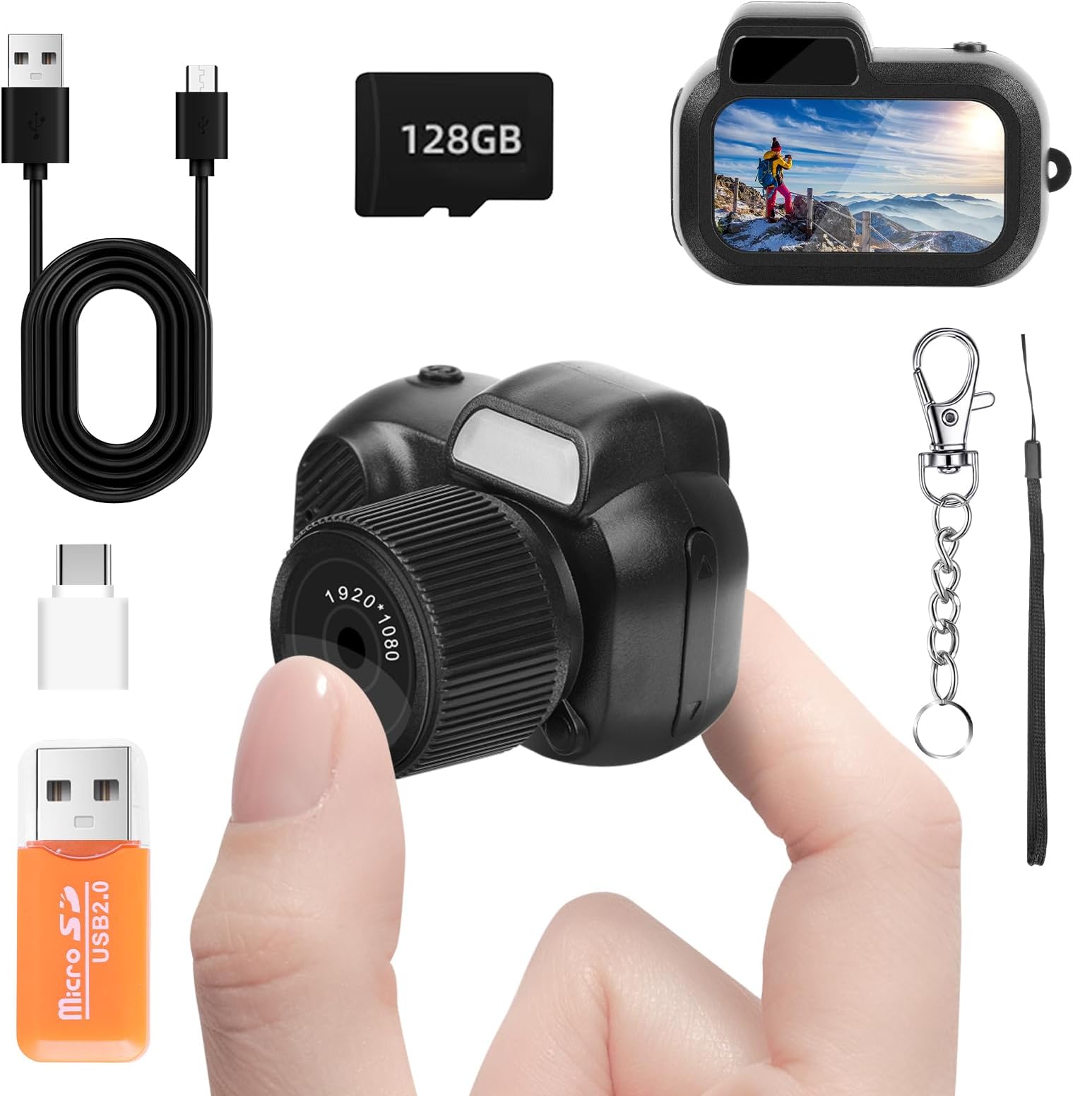 Mini Keychain Camera, FHD 1080p 8MP with 128GB SD Card, OTG Adapters, Card Readers, Eight Filters, 100 Mins Battery Life Mini Digital Camera for Travel Study Recording (Black,128GB)