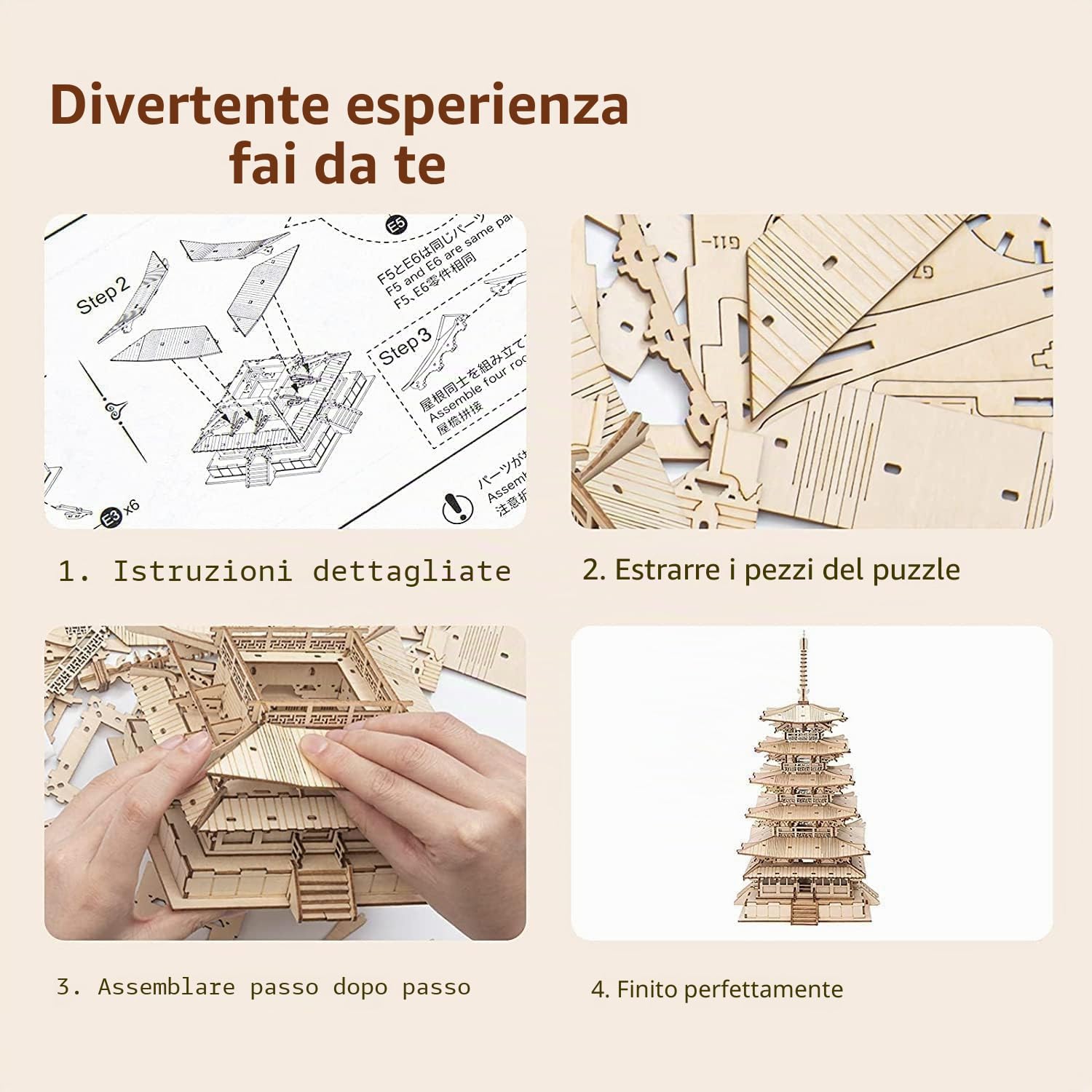 RoWood Puzzle 3D Legno Modellismo da Costruire Adulti, Modellini da Costruire per Adulti (Pagoda a Cinque Piani)