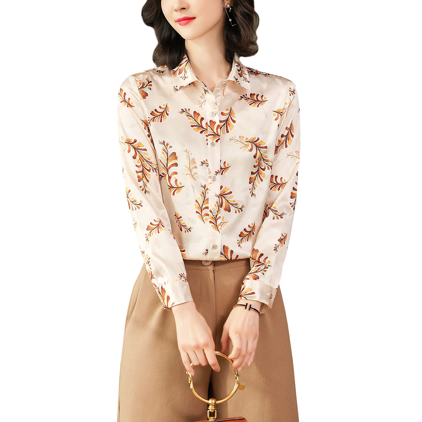 E-girl Blusa de seda para mujer con estampado de botones camisas de mujer blusa de manga larga solapa blusa de seda, S6618