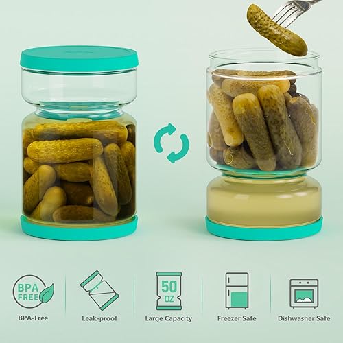 Miniatura 2 de ForTidy Tarro de cristal para pepinillos con colador abatible, recipiente hermético de oliva con tapas de silicona, tarro de reloj de arena versátil