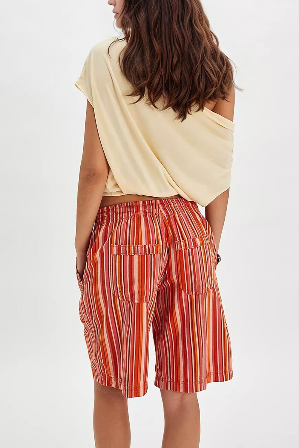 Summer Striped Bermuda Shorts for Women Casual Baggy Drawstring Knee Length Wide Leg Low Rise Shorts with Pockets