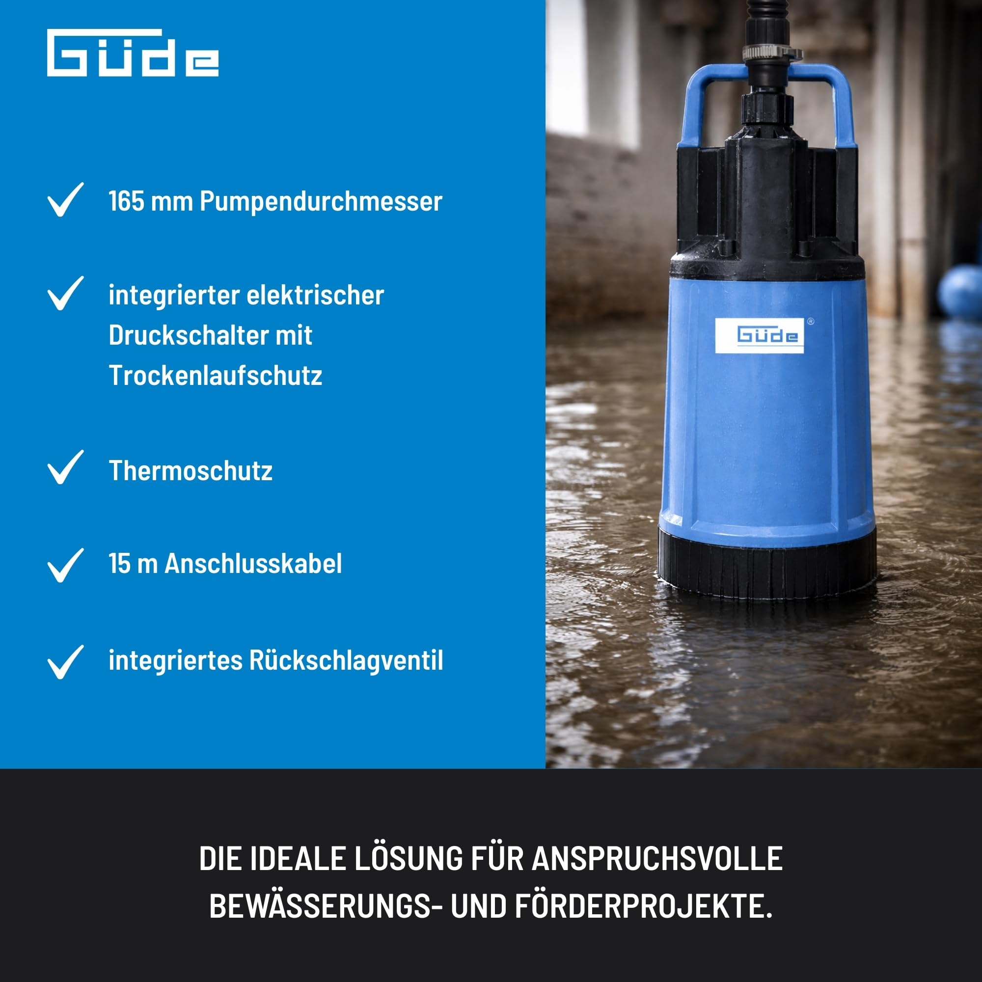 Güde Drucktauchpumpe GDT 1200 (1200 W, Fördervolumen: 6000 l/h, max. Förderhöhe: 40 m, max. Eintauchtiefe: 12 m, 4 Laufräder aus Noryl, Edelstahlwelle, integriertes Rückschlagventil, 15m Nylon Seil)