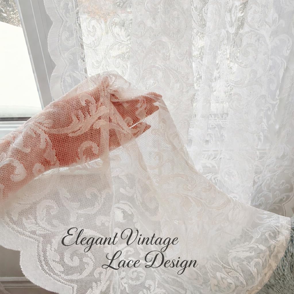 Pinelinq Vintage Lace Curtain 52 x 84 Inch White – 1 Panel Sheer Botanical Floral Window Panel with Rod Pocket – Light Filtering Farmhouse Curtain - 4