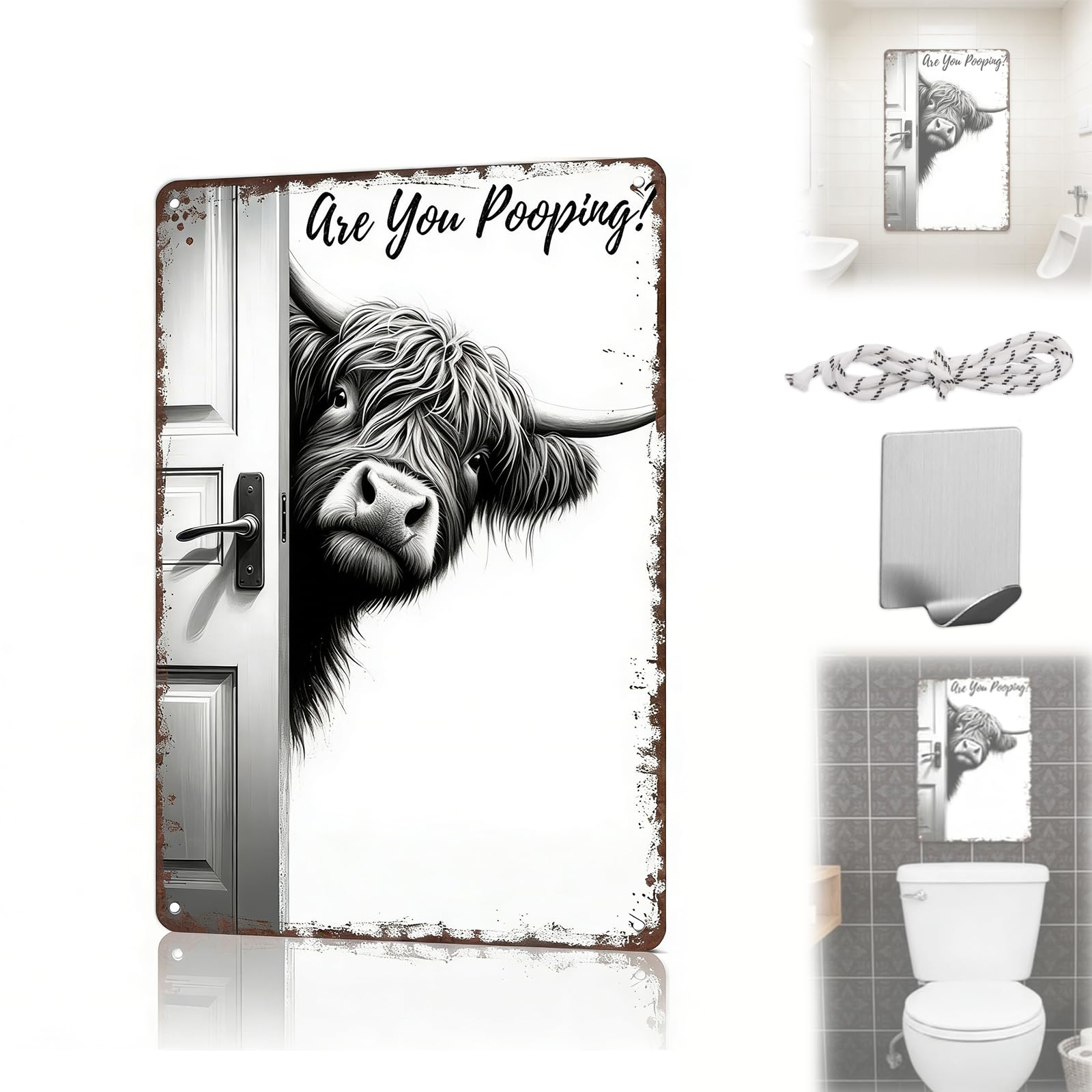 Gienslru 11.8*7.9In Highland Cow Bathroom Sign, The Cheeky Visitor: Vintage Highland Cow Sign – Funny"Are You Pooping?" Wall Decor, 8X12 Inch Rustic Farmhouse Toilet Art Decoration (11.8 * 7.9In)
