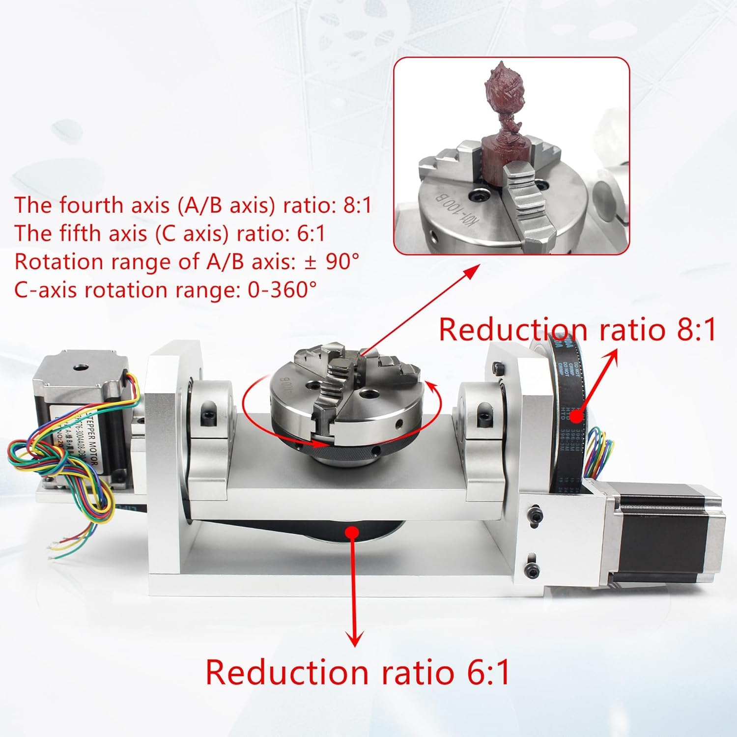 Fresadora CNC de 5 ejes con mandril de 3 mandíbulas de 100 mm, cabezal divisor de indexación de eje C para enrutamiento y grabado CNC, motor paso a paso Nema23