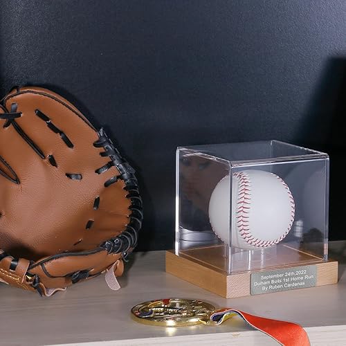Miniatura 6 de Vitrina de béisbol con grabado, caja de almacenamiento de acrílico con protección UV, soporte de madera (madera de haya, grabado plateado)