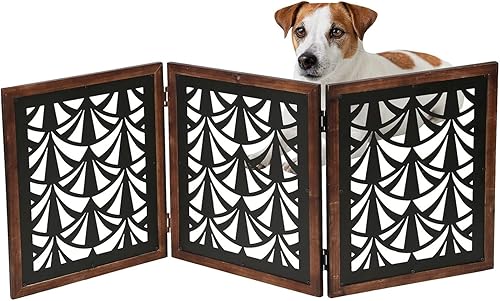 Miniatura 7 de Home District Puerta para mascotas de pie libre para mascotas, madera con ventiladores de metal, diseño de 3 paneles para interiores, barrera de