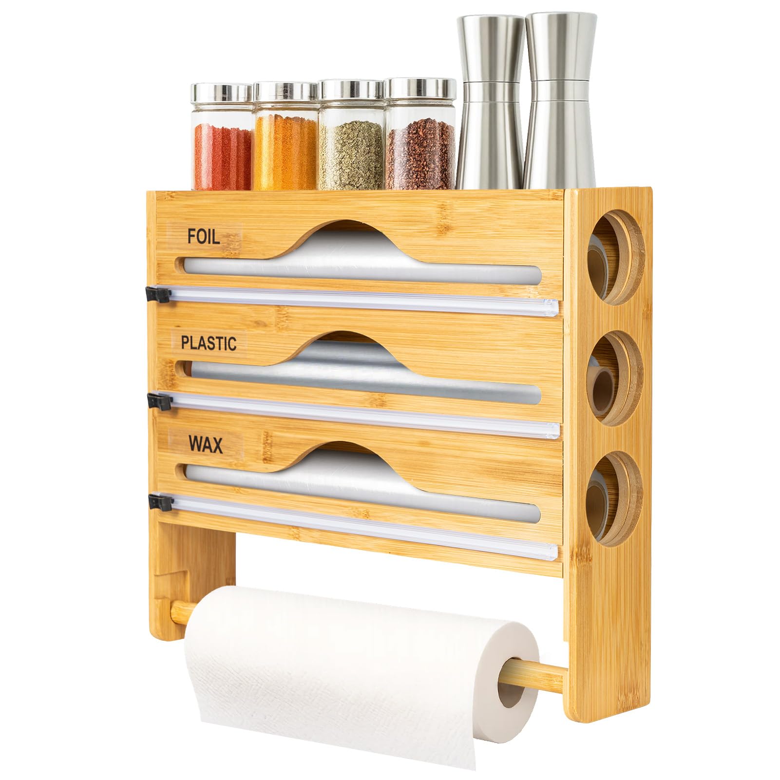 EVERGOODS Cling Film Dispenser and Cutter with Kitchen Roll Holder, 4-in-1 Bamboo Foil Dispenser Organizer with Paper Towel Holder, Wall-Mount or Countertop Wrap Storage Compatible (Original Wood)