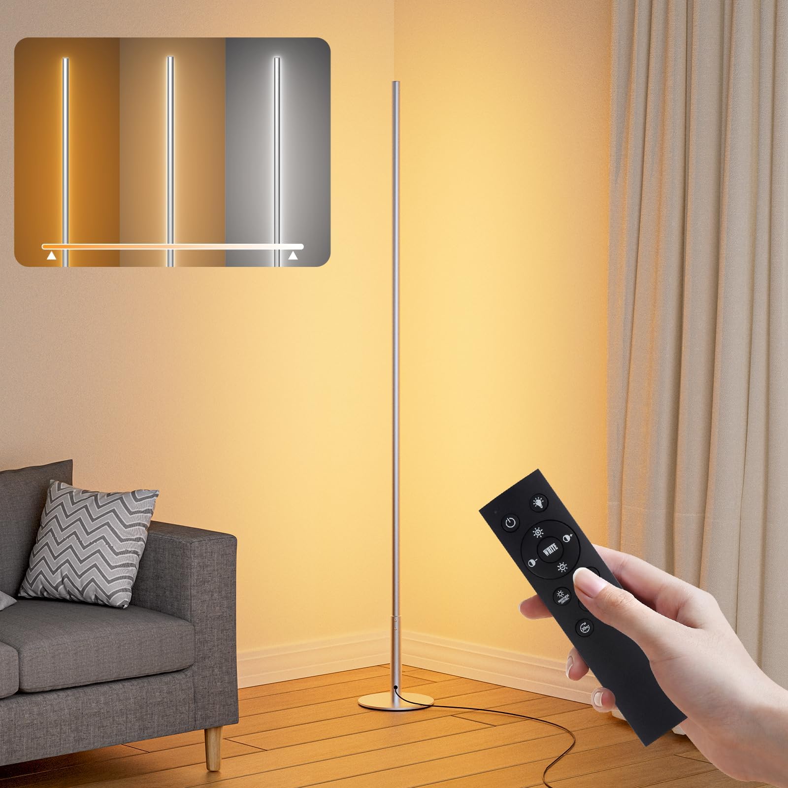 Ecklampe Silber fürs Wohnzimmer, dimmbar, mit Fernbedienung, 2700–6500 K