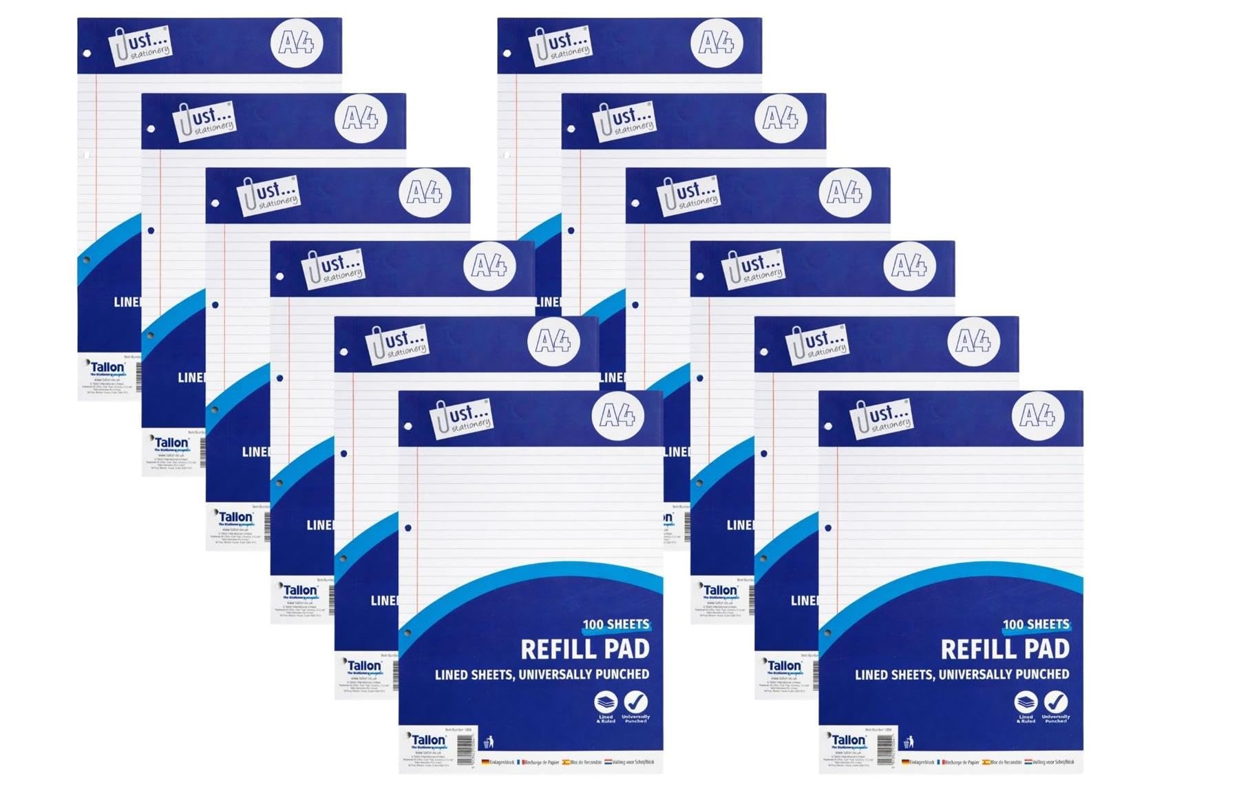 A4 Ruled Notebook Refill Pad Writing Paper - 12 Pack 100 Sheets Hole Punched Lined Note Paper - Work Office School College Notepad - Folder Binder Ready Study Filing - 100% Recyclable Eco Pack