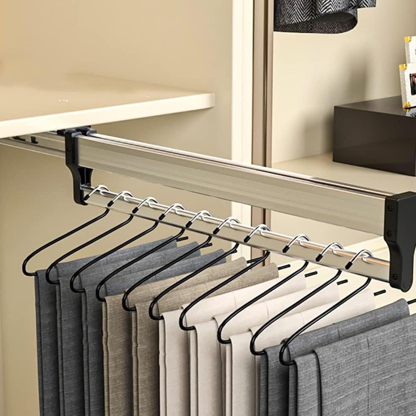 Wardrobe Pull-Out Trousers Rack, Closet Clothes Rail Black Extendable Closets Rod Organizer for Pants and Coats In Closet, Load 25kg(50cm)