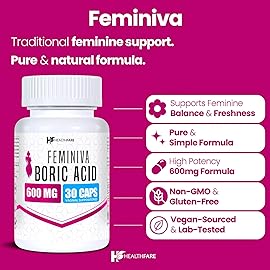 Healthfare Feminiva Boric Acid Suppositories | 2-Pack | 30 Vaginal Suppositories Each | 600mg | 100% Pure | Made in The USA