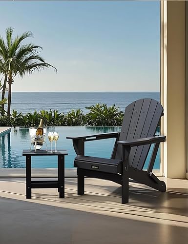 Miniatura 6 de Silla Adirondack de plástico HDPE, silla Adirondack plegable resistente a la intemperie con soporte para tazas, silla de madera texturizada para