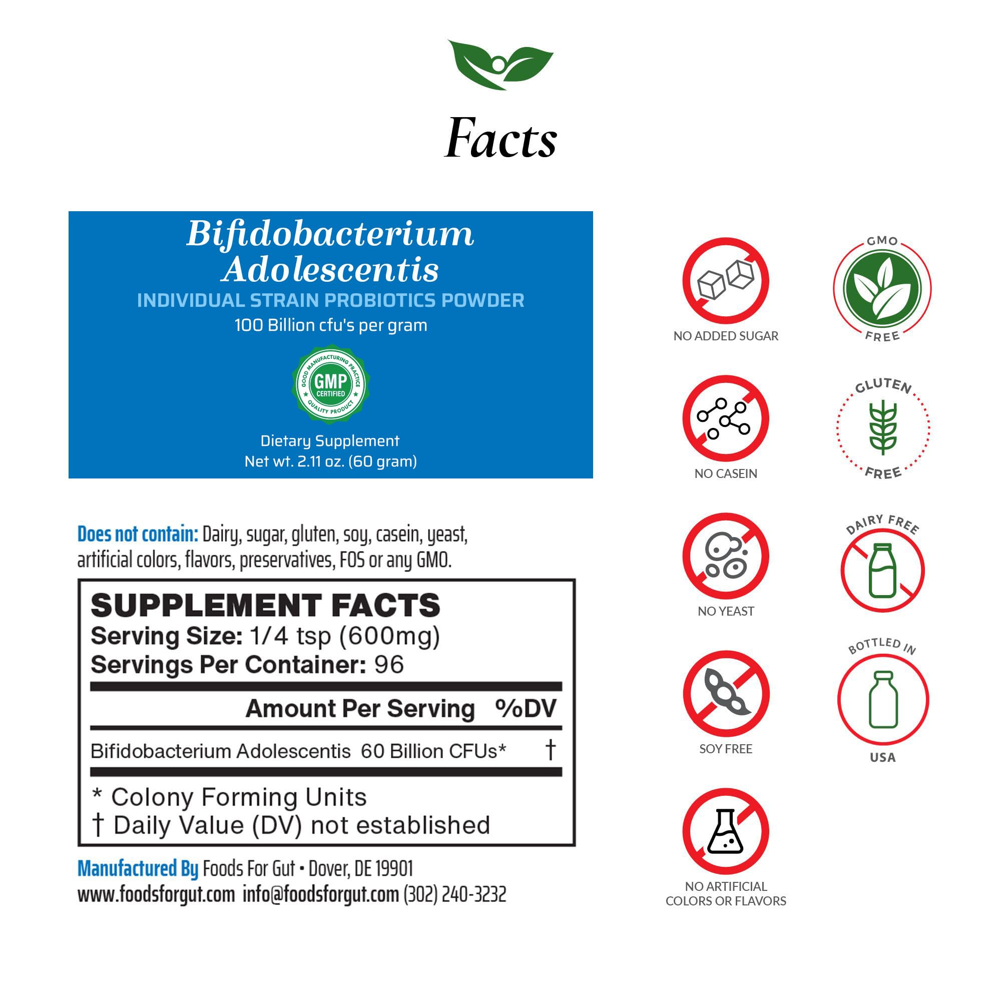 Foods For Gut Bifidobacterium Adolescentis Probiotic Powder 100 Billion cfu's | No Additives | Digestive & Immune Support | High Potency | B. Adolescentis | 60 Gram (2.11 Oz)