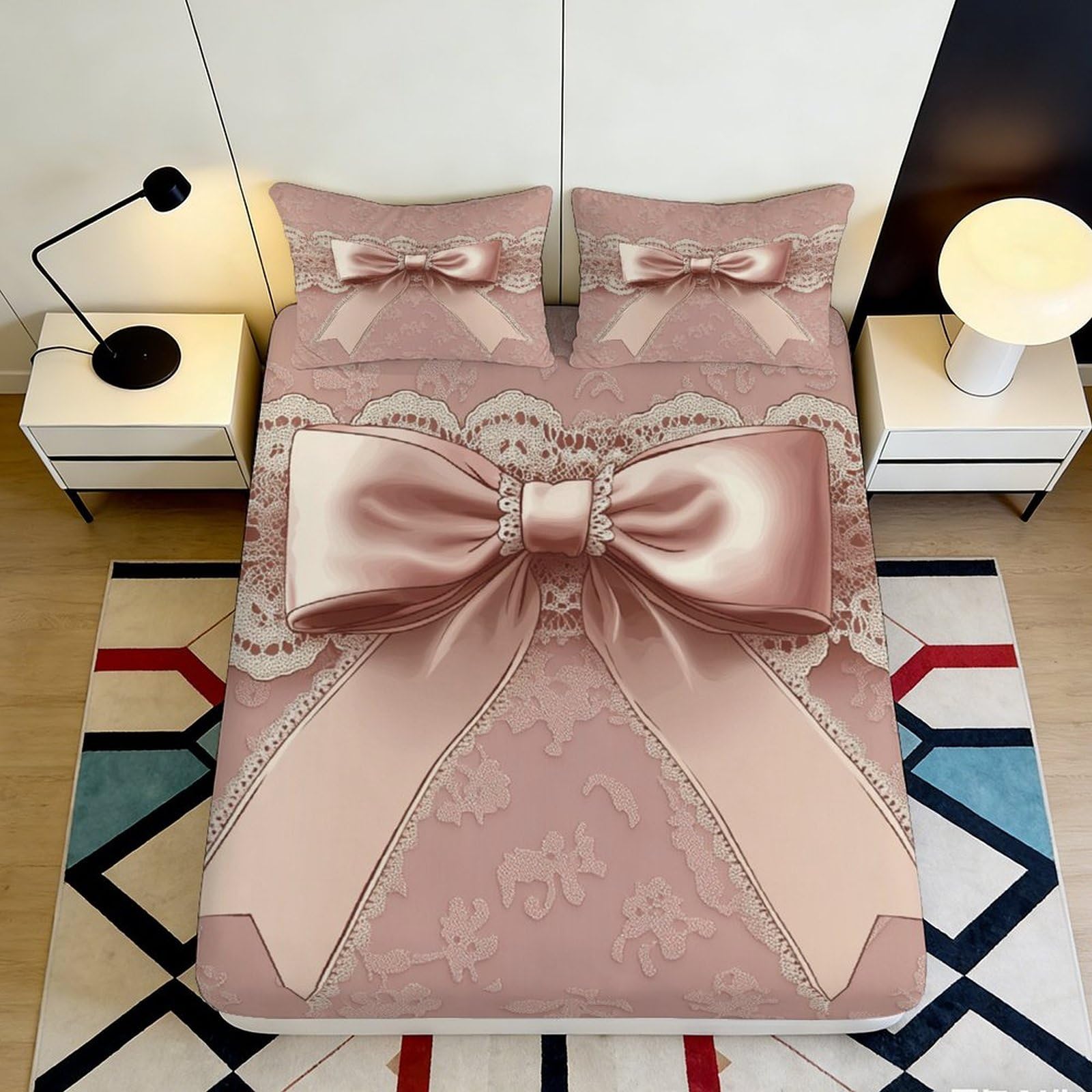 3D Printed Bowknot Fitted Sheet Microfiber Deep Pocket Non-Slip Bedroom Bedding Bow Mattress Fitted Cover Full Wrap Washable for Home 140x200x25cm
