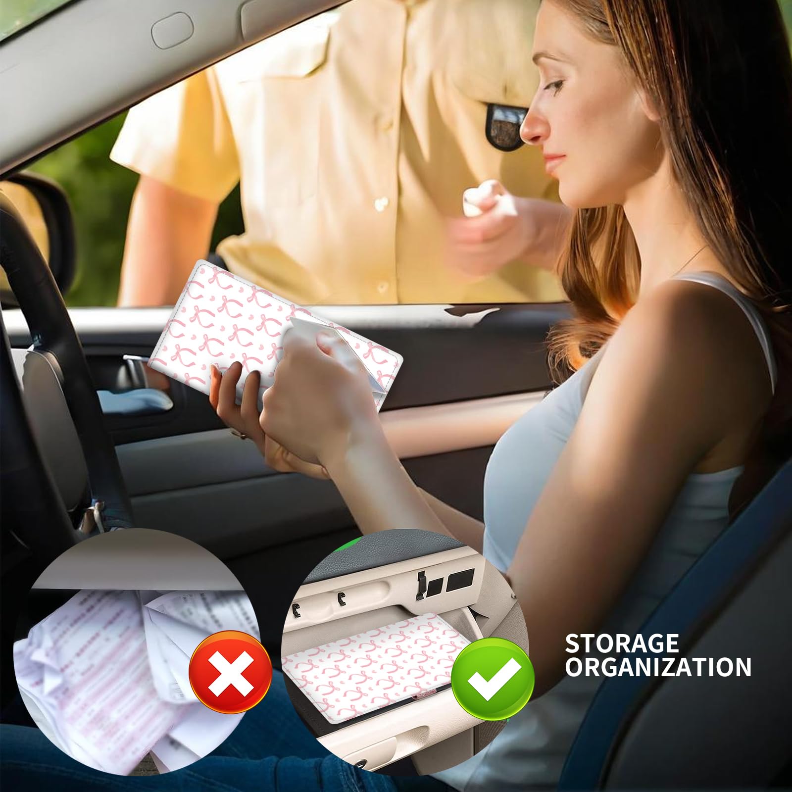 ADUQLZUX Leather Car Registration and Insurance Card Holder, Cute Car Accessories Vehicle Glove Box Car Organizer for Documents, Cards, License Pink Cute Bowtie Heart