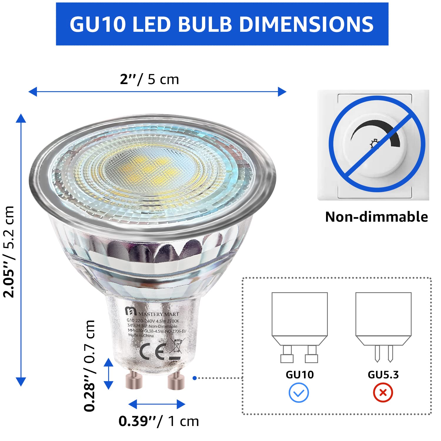 Mastery Mart GU10 Lámpara LED, ángulo de haz de 38 grados, 5000 K, luz blanca diurna, PAR16, 4,5 W, 345 lúmenes, ideal para iluminación de acento y ambiente, no regulable, juego de 10