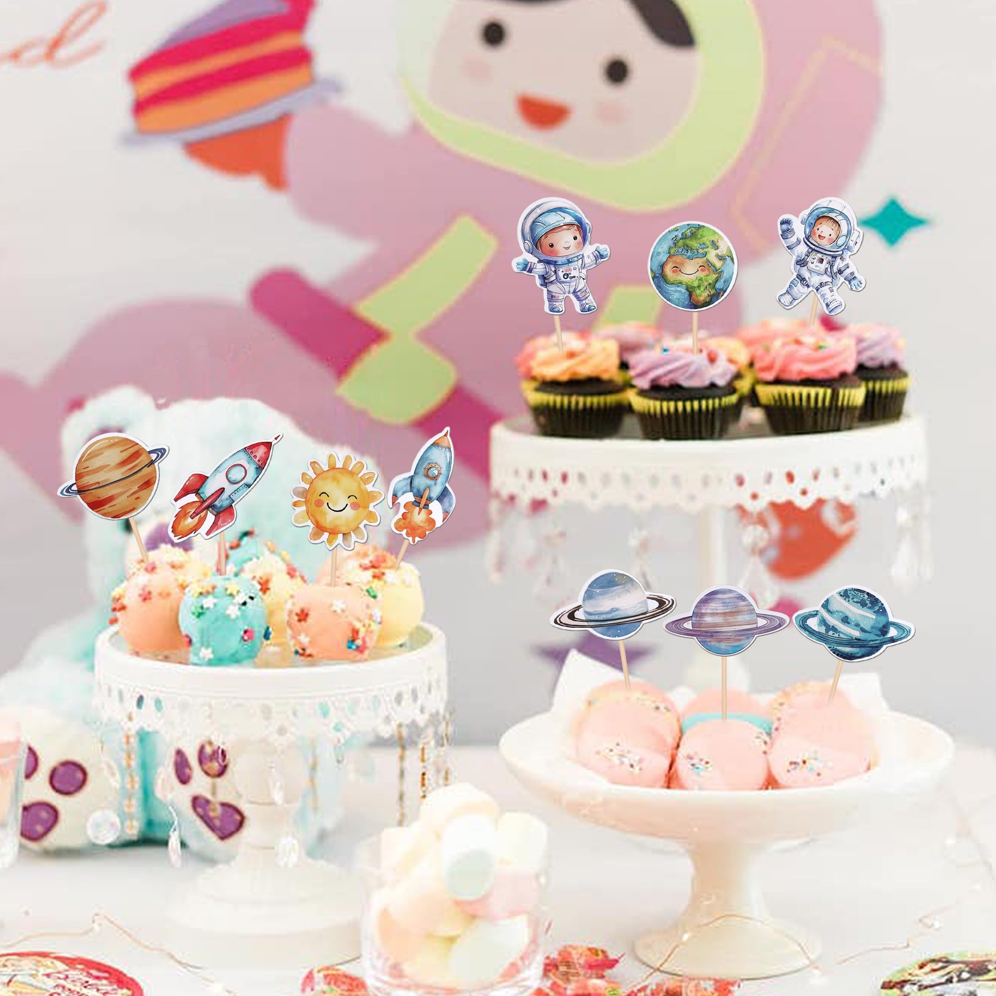 49 Piezas De Decoración De Cupcakes Con Temática Espacial, Planeta, Astronauta, Cohetes, Nave