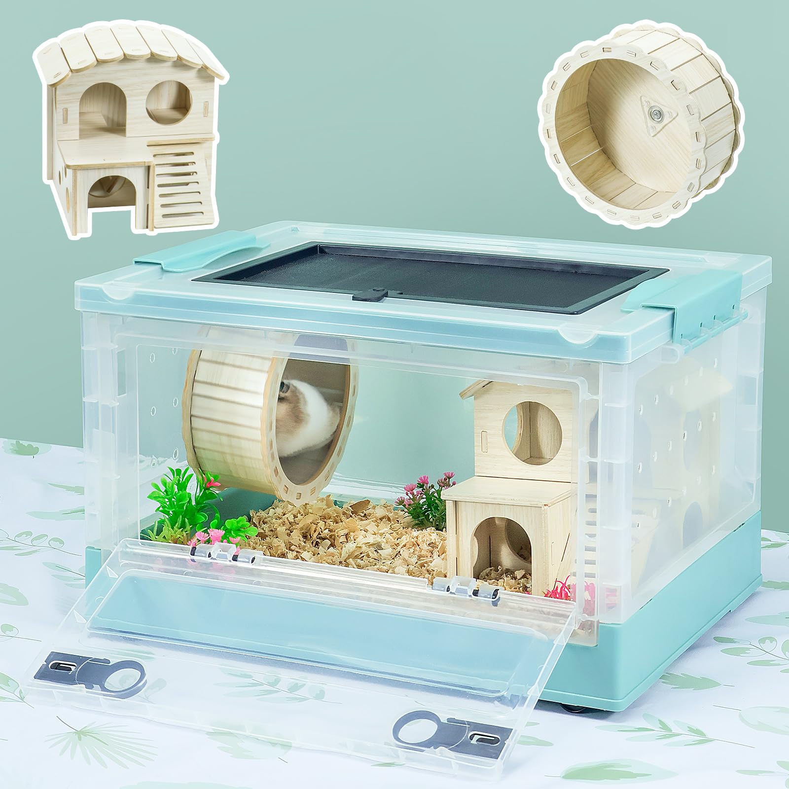 Hamsters Cage Large, Foldable Portable 360° Viewing Ventilated Cages with Villas, Exercise Wheels, for Hamsters, Rats, Dwarf Hamsters, Gerbils, Guinea