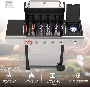 Kenmore 4-Burner Gas Grill with Side Burner, Outdoor BBQ Grill, Propane Gas Grill, Cast Iron Cooking Grates, Electronic Ignition, Warming Rack, Open Cart Design, 53000 BTUs, Stainless Steel