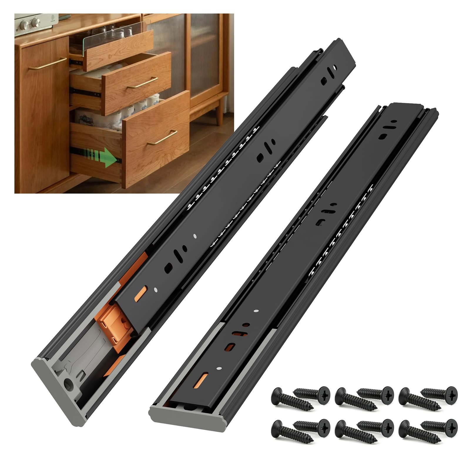 NECILO Push to Open 500mm Drawer Slides, 45kg Load Capacity Drawer Slides, Full Extension Ball Bearing Side Mount Cabinet Rails, Suitable for Kitchen & Cabinet, 1 Pair(2 Packs)