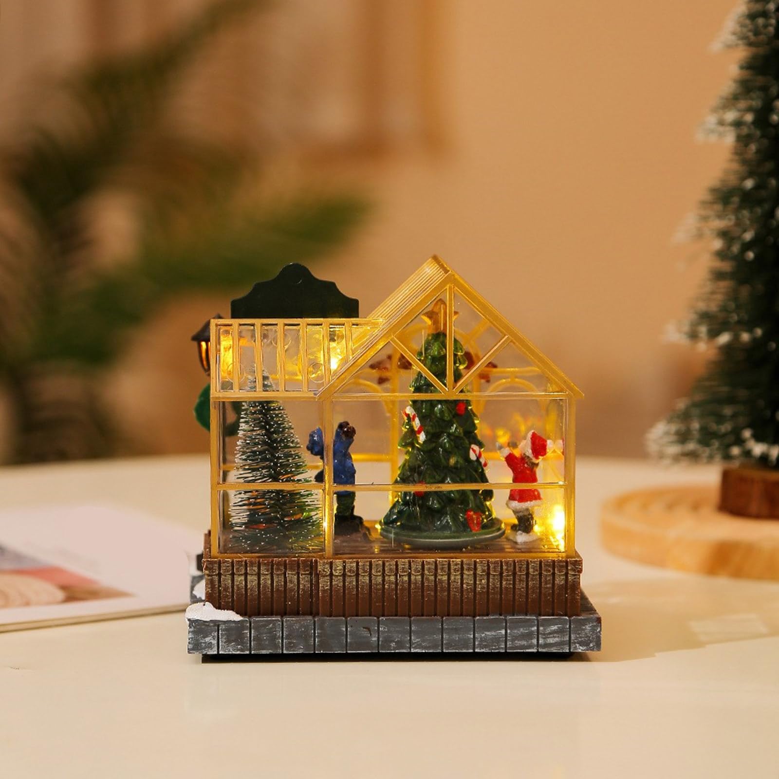 Adorno de resina musical de temporada navideña con luz LED, figura giratoria de árbol de Navidad, decoración de escritorio, adorno musical de casa