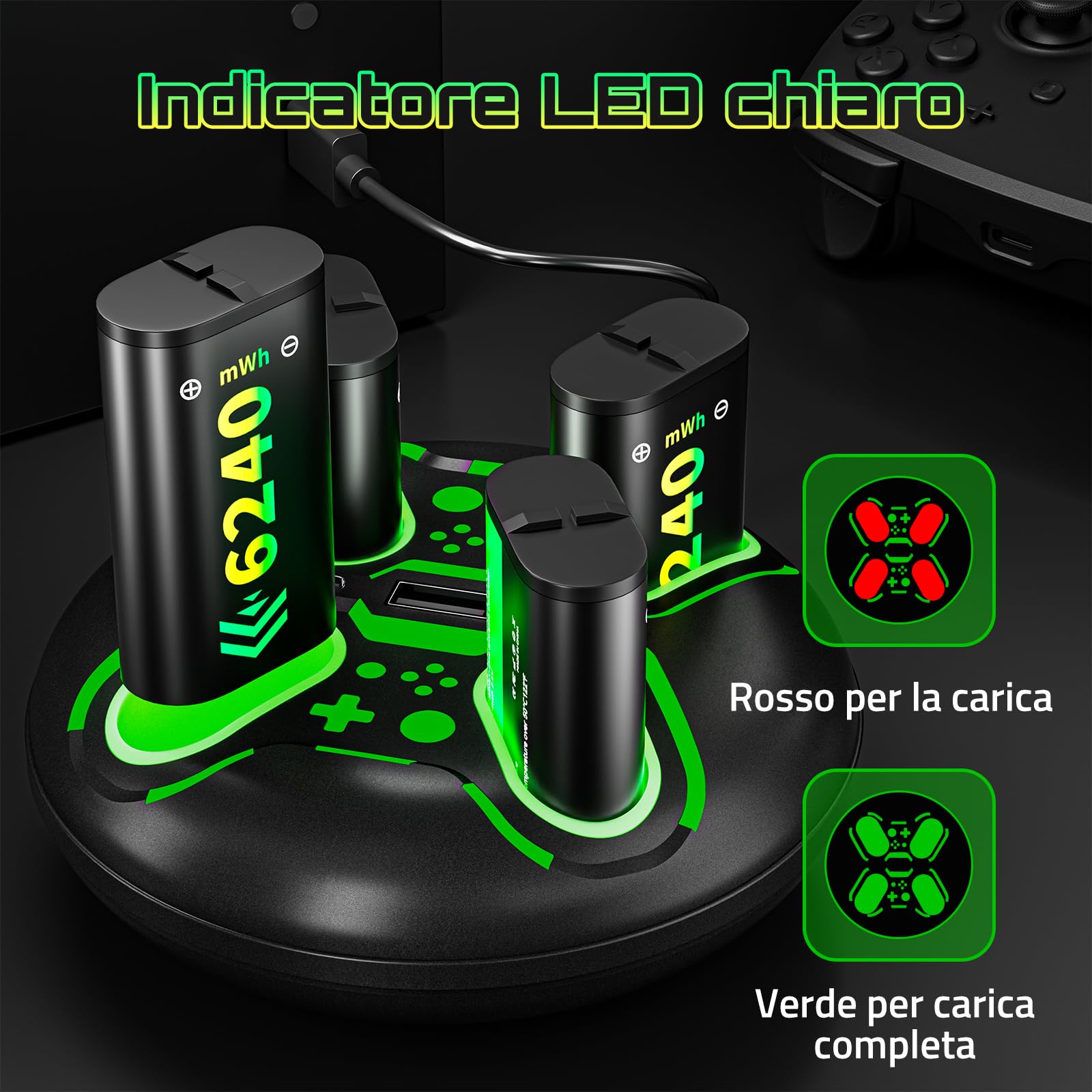 für Xbox Controller Charger mit 4x6240mWh Akkus, Schnellladestation mit LED-Anzeige, Kompatibel mit Xbox Series X|S, Xbox One S/X/Elite - Schwarz