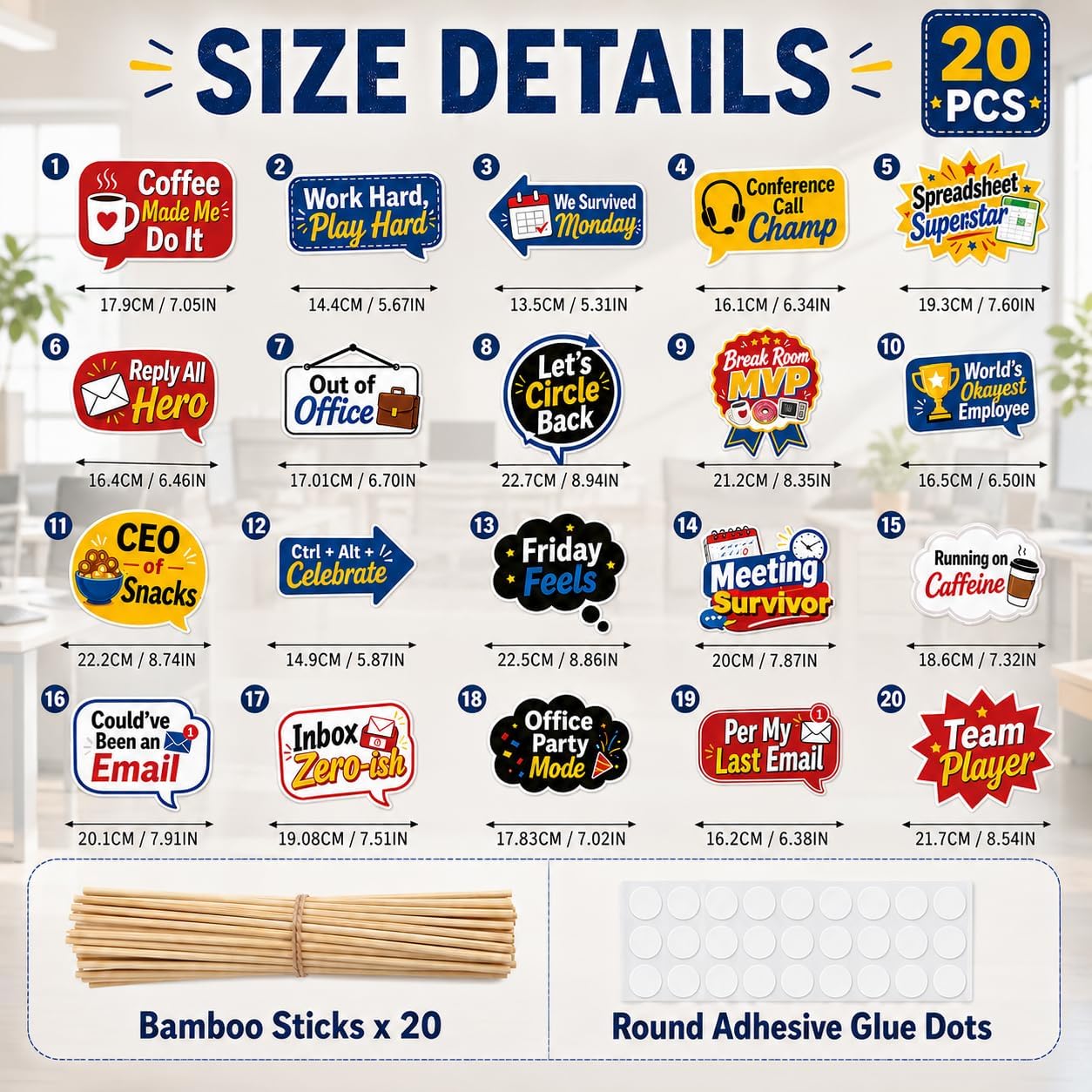 20 Pack Office Party Photo Booth Props, Funny Work Celebration Signs for Corporate Events, Team Parties and Coworker Gatherings