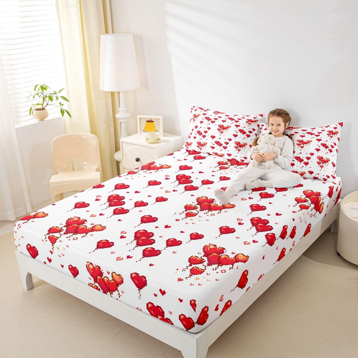 Homewish Pikselowa miłość serce prześcieradło King Girl śliczne czerwone balony prześcieradła retro romantyczne serca zestaw pościeli dla dzieci chłopców dziewcząt, estetyczna grafika narzuta na łóżko