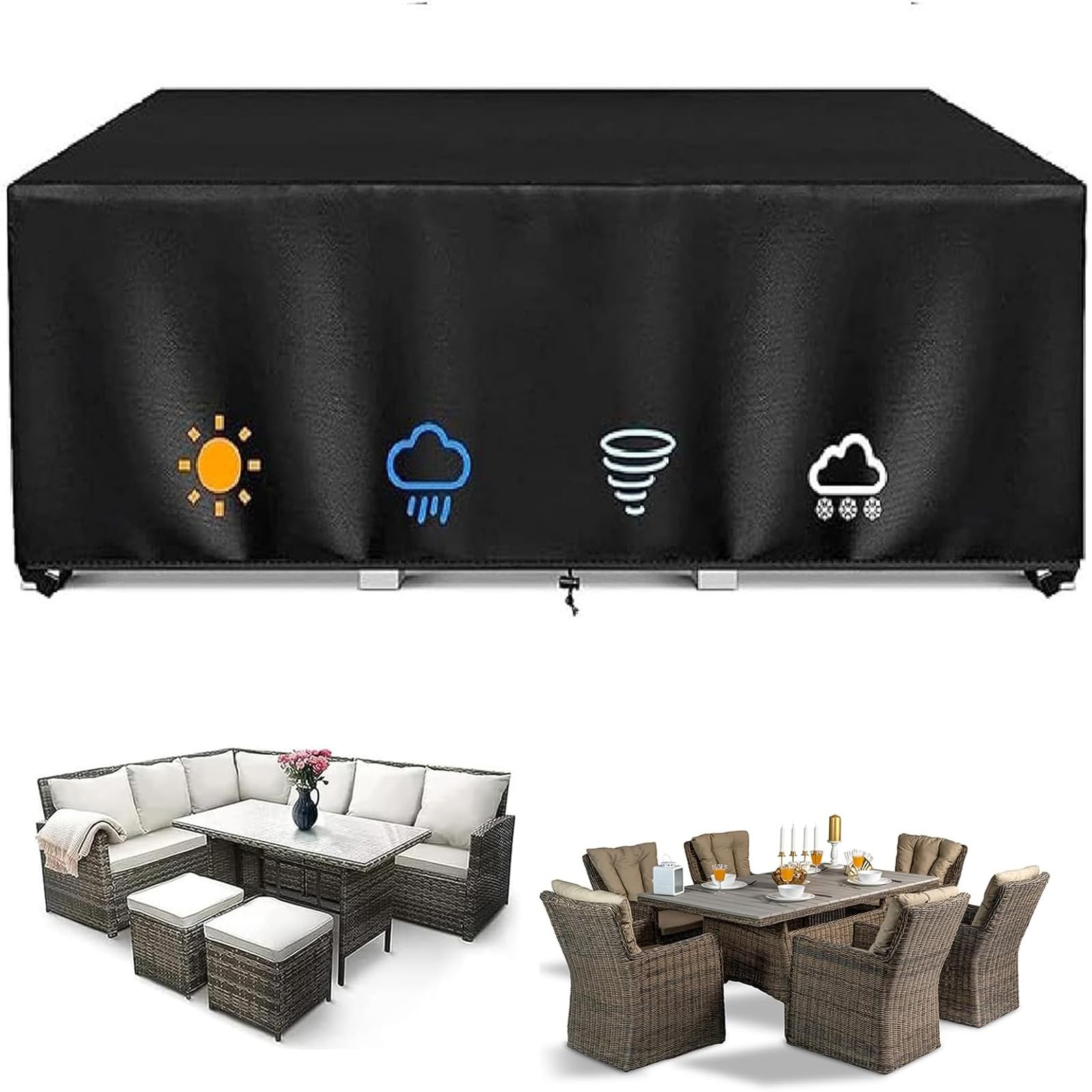 AEKDCL Rectangular Outdoor Furniture Cover Waterproof Garden Table Cover Anti-UV Windproof Garden Furniture Covers for Patio Bistro Set Rattan Sofa Chairs Outside Seating 260x200x80cm/LxBxH