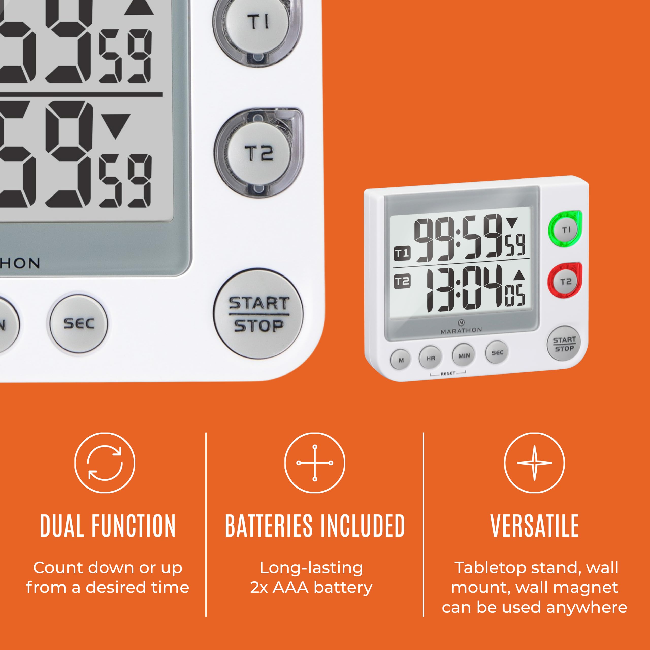 Marathon 100 Hour Dual Digital Timer, White - Large, Easy-to-Read LCD Display - Loud Ring Alarm - 2 AAA Batteries Included