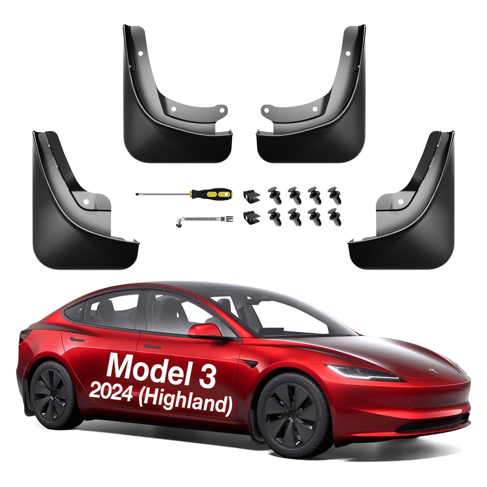 WigooUpgrade Accessories Tesla Model 3 Mud Flaps [OEM-Designed, Include Install Tools] Military Grade All Weather Splash Guards, for Tesla Model 3 2024, Thicker Version