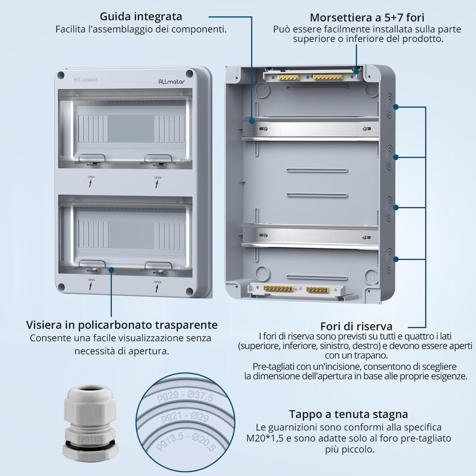 Scatola di Distribuzione a 2 Fila da 24 Moduli IP65 Impermeabile | Scatola dei Fusibili con Coperchio Trasparente PC Ignifugo e Corpo in ABS, Distributore Elettrico per Interni ed Esterni