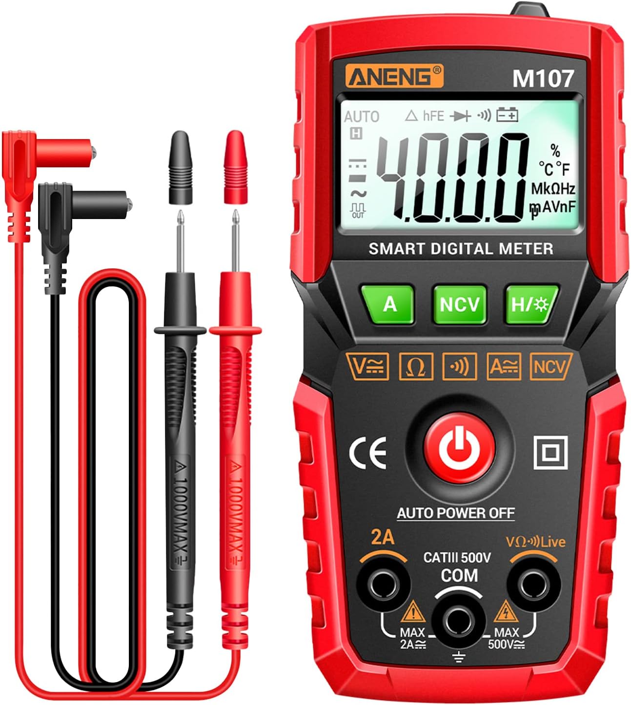 ANENG M107 Smart Digital Multimeter 4000 Counts NCV Universal Meter Handheld Multifunctional Tester Voltmeter Ammeter with Backlight Flashlight AC/DC Voltage & Current Resistance Measurement Zero