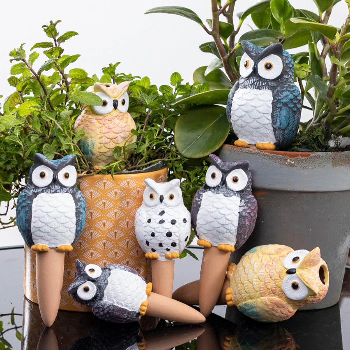SOIMISS Lot de 4 Arroseurs Automatiques Hibou en Céramique 210 ML, Système d'Arrosage pour Plantes d'Intérieur, Dispositif d'eau Réutilisable pour Pots, Outil Pratique pour Succulentes et