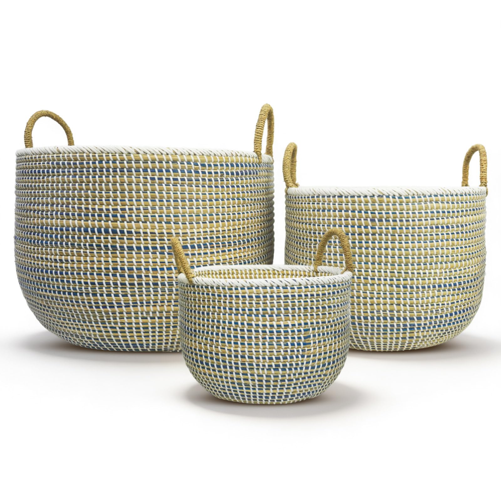 3er Set Aufbewahrungskorb Seegraskorb, Wäschekorb mit Griffen, Geflochtener Korb, Handgeflochtener Spielzeugkorb aus Vietnam, 31.5L/17.4L/8.4L für Wohnzimmer Schlafzimmer Küche Bad Kinderzimmer