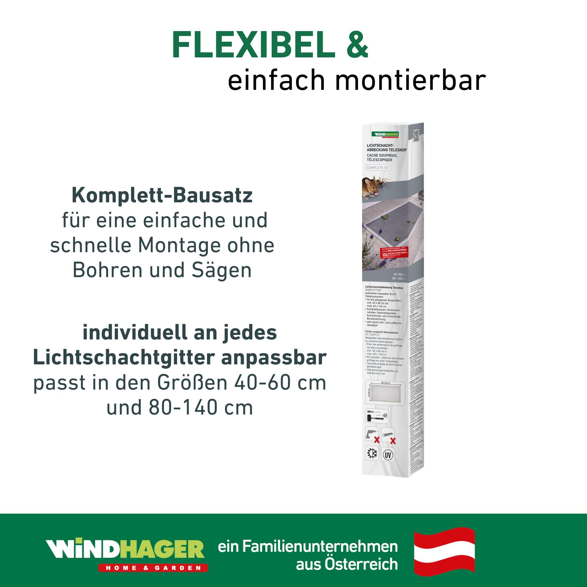 Windhager Lichtschachtabdeckung, teleskopierbar, 80-140 cm x 40-60 cm, Aluminiumrahmen, Edelstahlgewebe, 03130