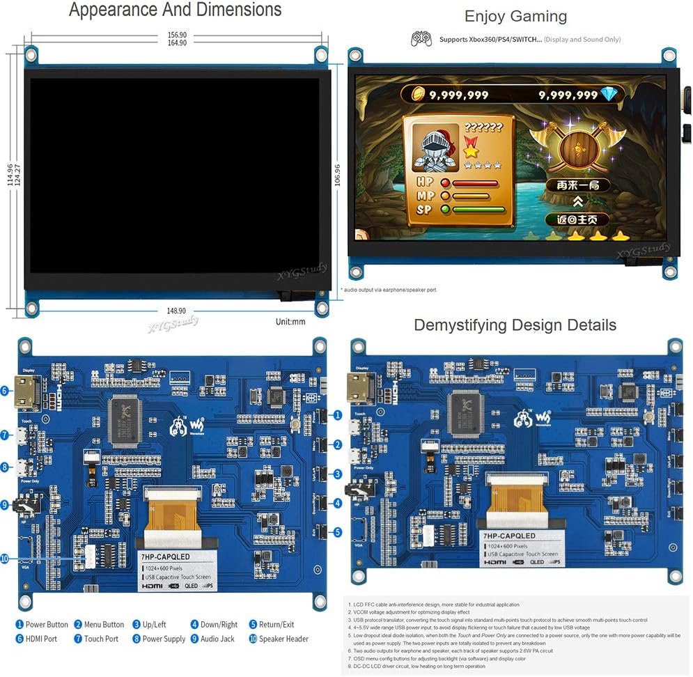 7 inch QLED Quantum Dot Display IPS HDMI 1024×600 Capacitive Touch Screen G+G Toughened Glass Panel for Raspberry Pi 4 3 Raspbian Retropie Jetson Nano Xbox360 PS4 Switch etc @XYGStudy